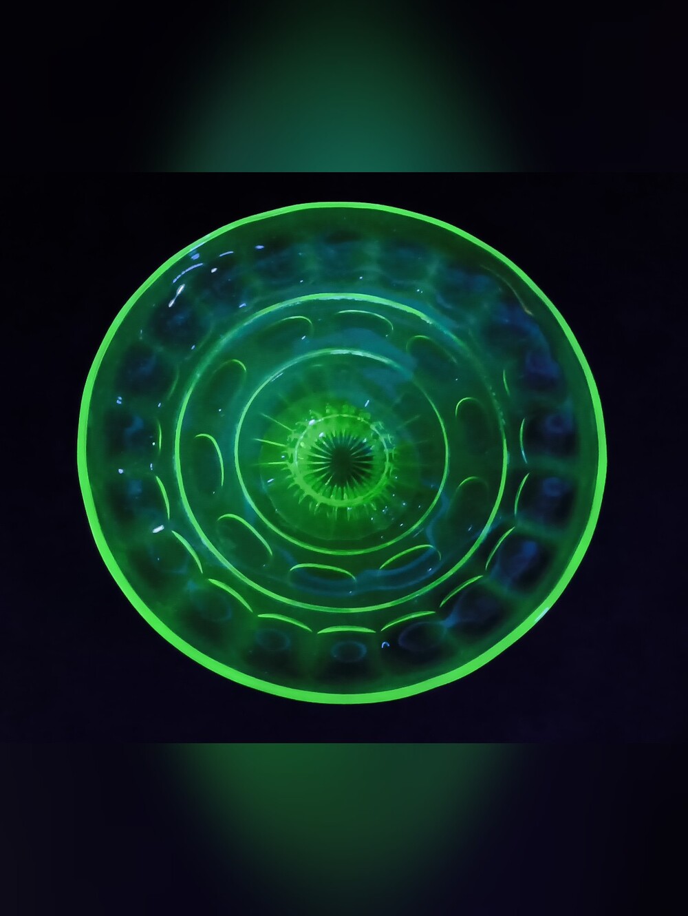 Vintage Green Uranium Depression Glass 10" Footed Console Bowl Glow Center